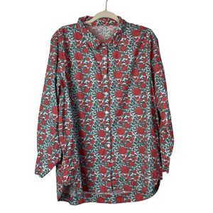 Tulip Top Button Down Floral Tunic 100% Cotton Long Sleeve Size Large Boxy